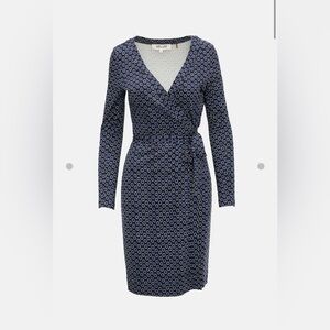 Diane Von Furstenberg Navy and White Polkadot Silk Wrap Dress